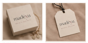 Voorbeeld van de madéyu-verpakking: doosje en cadeaulabel